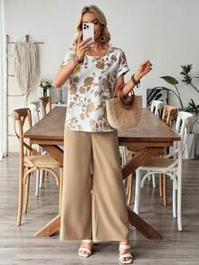 SHEIN LUNE Damen Lässig Blumen Muster Fledermausärmel Top und weite Hose Set, geeignet für Frühling, Sommer, Herbst - Verschiedenfarbig - Übersicht 6