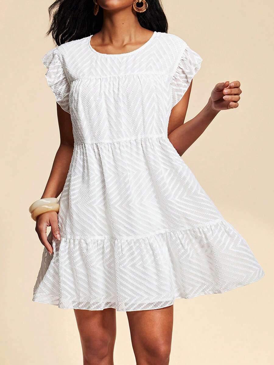 Travachic 2026 Nuovo Vestito Smock da Donna Stile Vacanza, Maniche Corte, Scollo Tondo, Tinta Unita - Bianco - Visualizzare 1