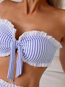 SHEIN Swim Spring/Summer Beach Vacation Striped Print 2 Pieces Set, Ruched Neckline, Ruffled Hem Pants - Purple - View 4