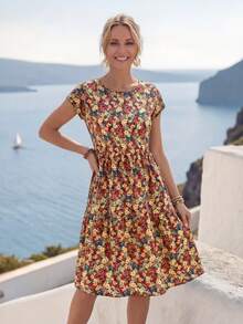 EMERY ROSE 女式夏季休闲碎花度假蝙蝠袖连衣裙 - 彩色 - 查看 6