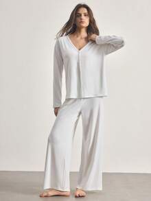 Ocili 简约舒适无领柔软女士睡衣套装 - 白色 - 查看 4