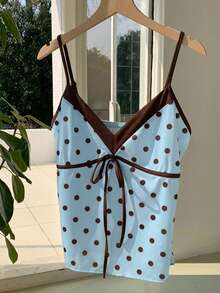Comfortcana 2026新款女士蓝色缎面波点印花V领吊带背心，时尚春夏装扮，休闲度假服饰，适合情人节、派对、婚礼、生日等场合，S码 - 藍色 - 查看 4
