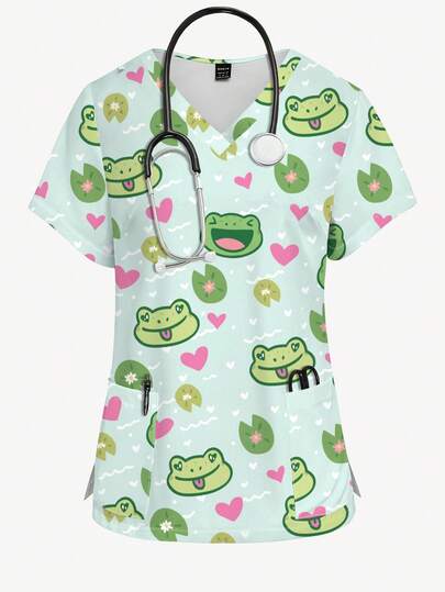 PopScrub Cute Frog, Heart, Lotus Leaf Cartoon All-Over Print Nurse Uniform Top, V-Neck Short Sleeve Scrub Top, Nursing Uniform For Women, Animal Pattern Clothing