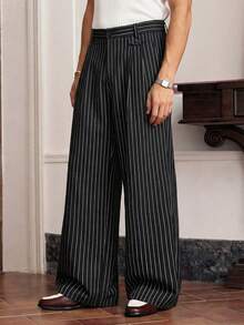 SWAVVY 男士条纹休闲直筒宽松裤，带口袋，百搭 - 黑色 - 查看 2