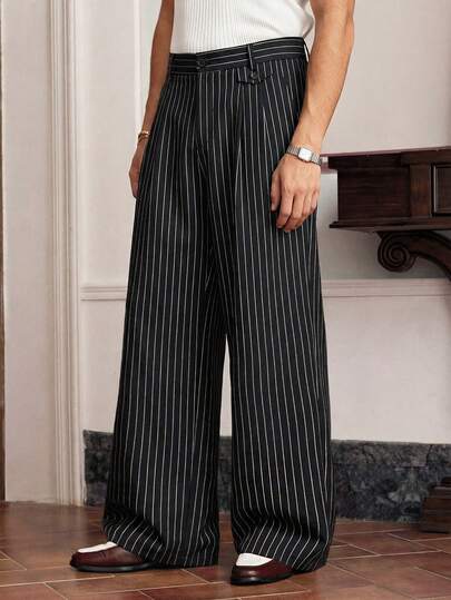 SWAVVY 男士条纹休闲直筒宽松裤，带口袋，百搭