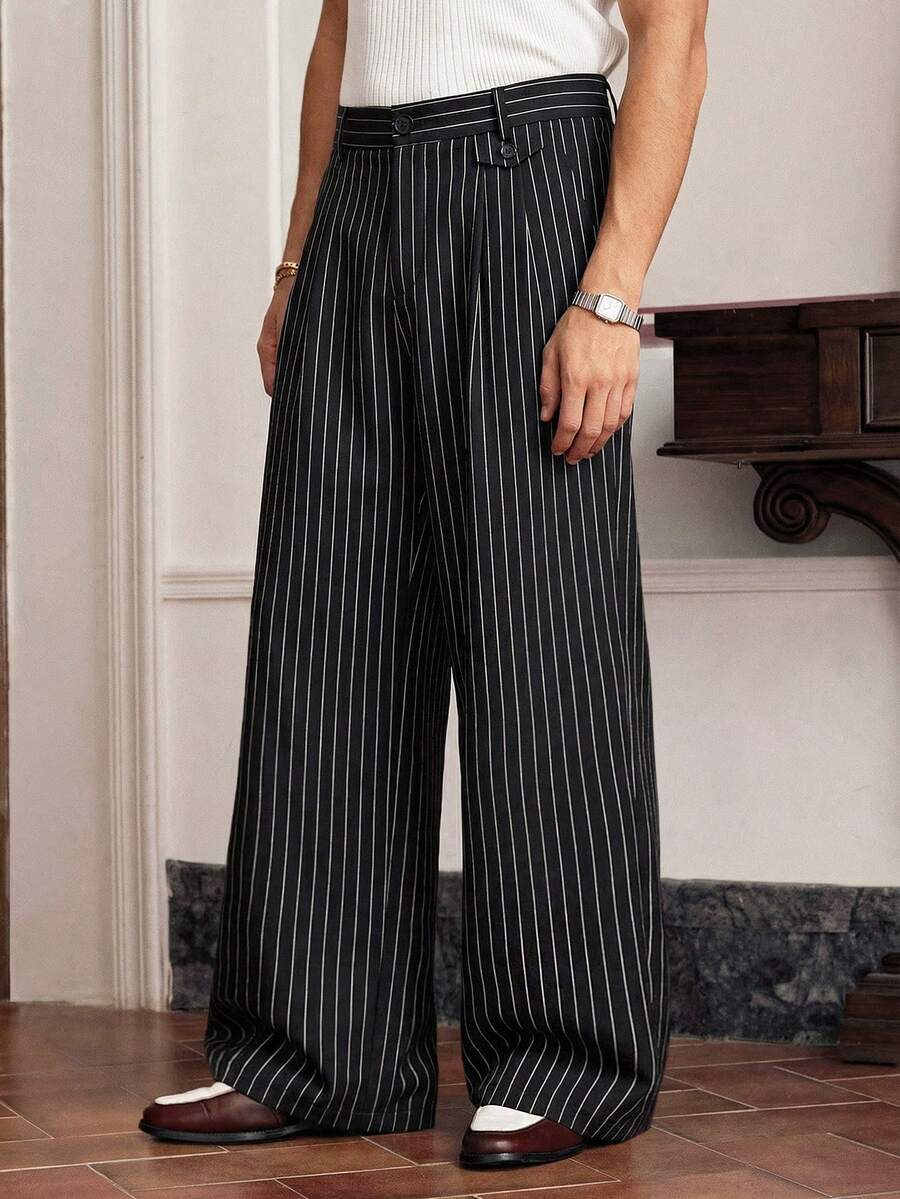 SWAVVY 男士条纹休闲直筒宽松裤，带口袋，百搭