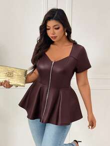 SHEIN Clasi CURVE 女款大尺碼新款純色方領挖空 A 字版型彈性 PU 上衣，修身遮臀 - 棕色 - 查看 6