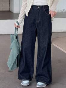 Dazy Kids Quần jeans ống rộng dáng suông phong cách retro cho bé gái tuổi teen, có túi hình trái tim, bạc màu và bạc màu, thích hợp mặc mùa hè. - Màu xanh lam - Xem 5