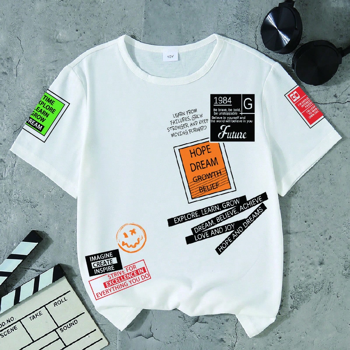 Camiseta casual de manga corta y cuello redondo con estampado de eslogan para adolescentes