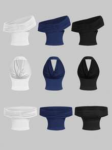 SHEIN MOD 女士95%棉三穿纯色修身上衣（黑色、白色和宝石蓝） - 垂领、露肩、无肩带，休闲美观的春夏上衣，适合参加节日、海滩度假、下午茶会、舞会、嘉年华、西部风情等场合，可爱又时尚。 - 彩色 - 查看 9