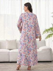 Al Najma 女士花卉印花钩编拼接长袖连衣裙，优雅端庄的A字型卡夫坦长袍，适合晚宴/婚礼宾客/周年纪念/日常穿着 - 淺粉色 - 查看 2