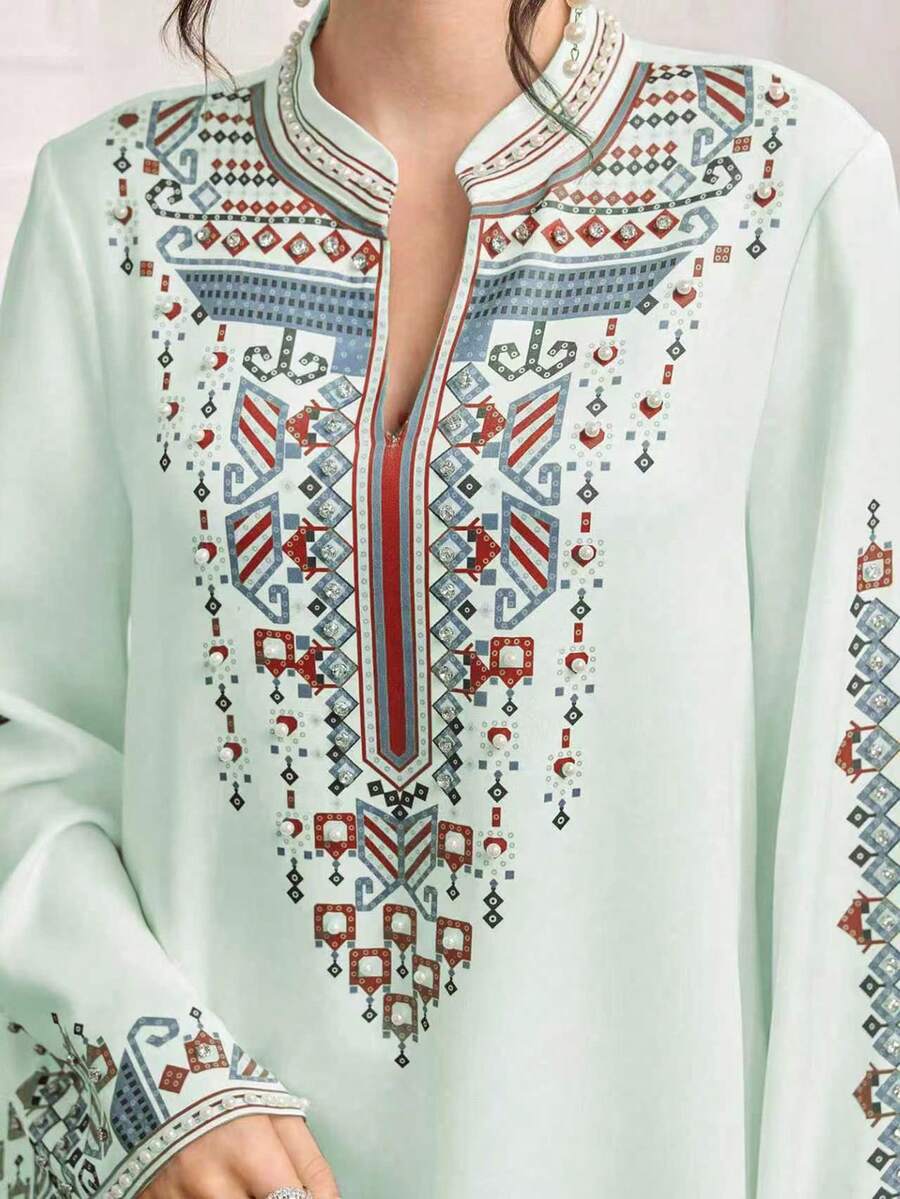 SHEIN Najma 浪漫定位印花加固电脑串珠工艺女士浪漫奢华连衣裙 - 薄荷綠 - 查看 1