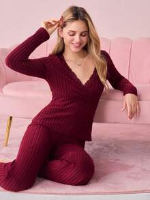 Bonmuse Set Piyama Wanita Seksi Warna Polos Kerah Renda Lengan Panjang Atasan & Celana Bergaris Lembut & Nyaman Warna Burgundy Pakaian Musim Gugur Musim Dingin untuk Musim Panas - Burgundy - View 9