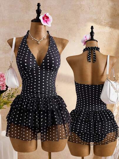 Bellisia Black Background White Dot Print Halter Tie Deep V-Neck Backless Design 3-Tier Ruffle Hem Printed Chiffon Beach Vacation Pool Party Cute Swimsuit Skirt For Women