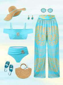 Swim Oasis 3pcs Women's High-End Detachable Strap Mesh Swimwear Set, Summer - Multicolor - View 1