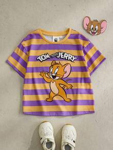 TOM & JERRY X SHEIN Áo thun tay ngắn cổ tròn in hình chuột kẻ sọc phong cách thường ngày mùa hè cho bé gái - Hồng - Xem 1