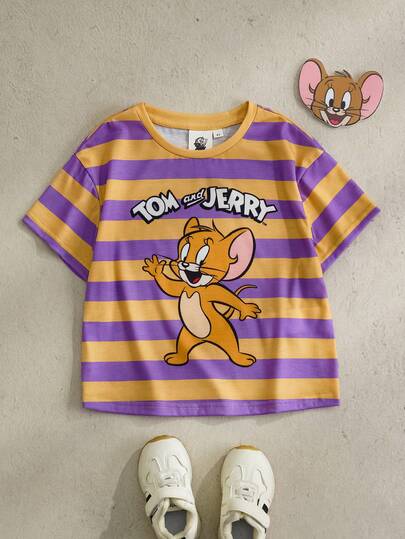 TOM & JERRY X SHEIN Young Girl Summer Casual Striped Mouse Print Round Neck Short Sleeve T-Shirt