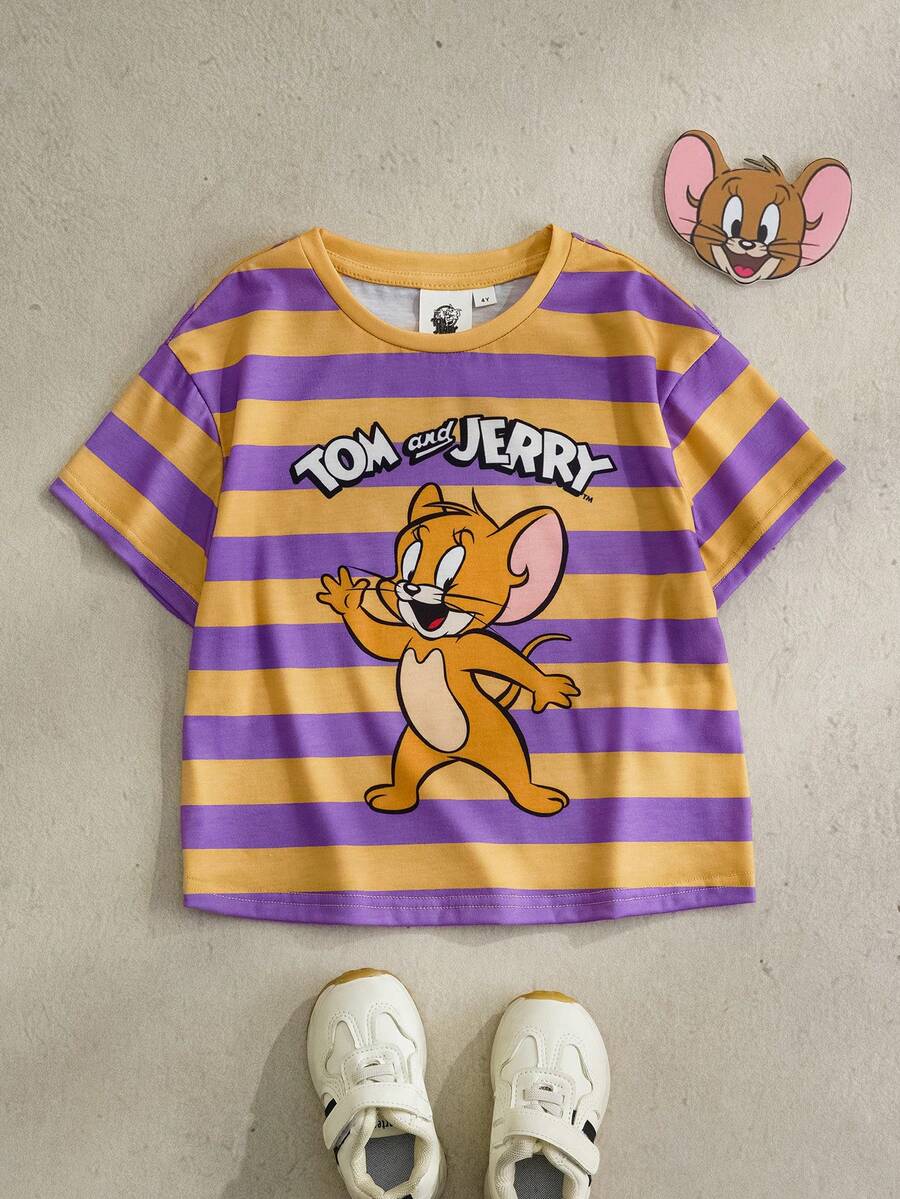TOM & JERRY X SHEIN Áo thun tay ngắn cổ tròn in hình chuột kẻ sọc phong cách thường ngày mùa hè cho bé gái - Hồng - Xem 1