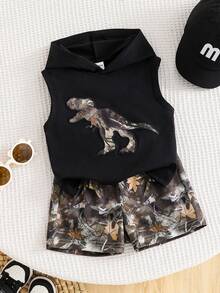SHEIN 2pcs/Set Toddler Boys' Casual Dinosaur Print Hooded Knit Vest T-Shirt And Camouflage Shorts Set, Spring/Summer Baby Boy Clothes, Outfits, Streetwear - Black - View 1
