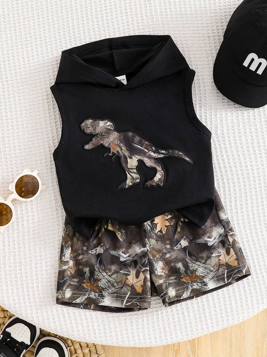 SHEIN 2pcs/Set Toddler Boys' Casual Dinosaur Print Hooded Knit Vest T-Shirt And Camouflage Shorts Set, Spring/Summer Baby Boy Clothes, Outfits, Streetwear - Black - View 1