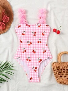 SHEIN 少女可爱粉色碎花格纹樱桃印花连体泳衣，沙滩度假 - 粉色 - 查看 3