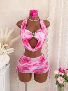 Swim Mod Set de 4 piezas: Top halter con efecto tie-dye y falda ajustado, conjunto casual de playa/vacaciones, primavera/verano - Multicolor - Ver 1