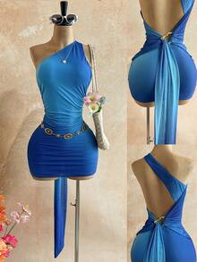 Soleia 女士渐变色优雅收腰迷你连衣裙，适合约会和派对，蓝色连衣裙，性感蓝色连衣裙，女士蓝色连衣裙，海岛度假装扮，音乐节装扮，邮轮度假装扮，休闲度假装扮，复古装扮，沙滩裙，派对装扮 - 藍色 - 查看 1