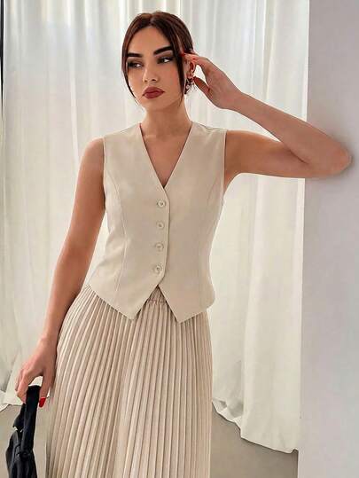 Aloruh 女士杏色纯色西装背心和百褶裙两件套，适合通勤、办公和正式场合，秋冬春夏皆宜