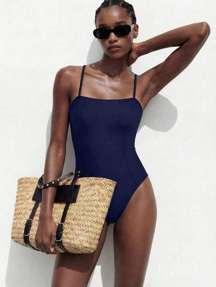 SHEIN Maija Women's Minimalist Solid Color Criss-Cross Backless One-Piece Swimsuit, Suitable For Beach & Holiday One Piece Bathing Suit Braided Strap Swimsuit Conservative Swimsuit Navy Blue Swimsuit Full Coverage Swimsuit Navy One Piece Women's Swimwear Women's Bathing Suit Women's One Piece Swimsuit One Piece Swimsuit Women