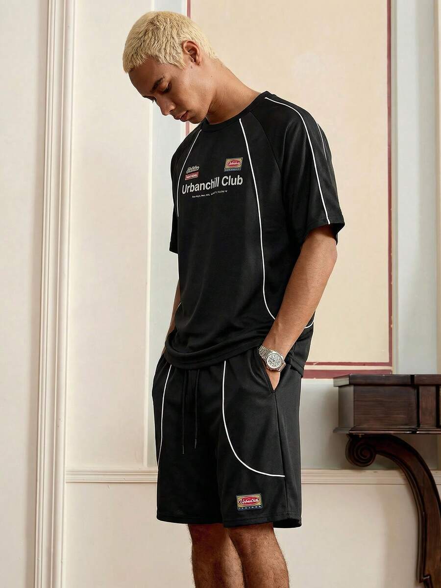 SWAVVY 男士字母印花短袖T恤和抽绳短裤休闲套装 男士休闲图案字母印花短袖T恤和短裤套装 - 黑色 - 查看 1