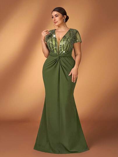 Serin 大码优雅奢华橄榄绿串珠刺绣拼接弹力针织V领扭腰鱼尾连衣裙，适合晚宴、约会、婚礼、蜜月、宾客礼服等场合。