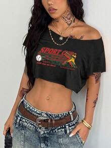 Coolane 夏季女士外出休闲街头风 Y2K 复古短袖宽松印花T恤，黑色上衣 - 黑色 - 查看 4