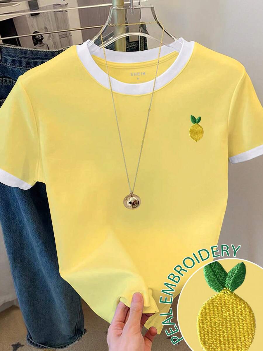 Resyla Women's Casual Lemon Embroidery Color Block Round Neck T-Shirt - Multicolor - View 1