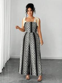 Elenzga Macaquinho Estampado com Laço Decorativo Plus Size - Preto - Visão 3