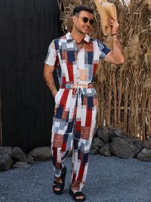 VENTUSAIL 男士休闲格纹连体裤，采用轻盈透气的亚麻面料，宽松版型，腰部抽绳设计，适合四季穿着，可用于海滩和户外运动，简约风格，面料柔软…… - 彩色 - 查看 7