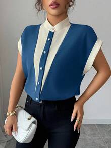Selianne Women's Contrast Color Front Button Elegant Summer Short Sleeve Blouse - Multicolor - View 3