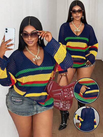 Maweii Women's Casual Y2K AestheticMinimalist Daily Street Vacation Beach Picnic Fashion Young V-Neck Drop Shoulder Long Sleeve Rainbow Striped Contrast Color Front Pocket Hollow Vacation Holiday Loose Plus Size Pullover Sweater, Spring/Summer Colorful Tops For Women Crochet Tops For Women Jumpers For Women Summer Long Sleeve Summer Top Summer Sweaters For Women Colorful Long Sleeve Tops