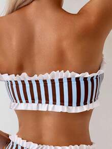 SHEIN Swim Spring/Summer Beach Vacation Striped Print 2 Pieces Set, Ruched Neckline & Hem, Ruffled Waistband - Multicolor - View 4
