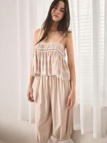 Ocili Leisure Soft Bohemian Loose Drawstring Pants, Comfortable & Relaxed Minimalist Chic Autumn Women Pajama Set - White - View 5