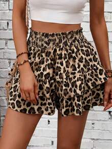 Breezaya 复古美式豹纹蛋糕裙，高腰荷叶边修身短裤，度假必备 - 彩色 - 查看 3