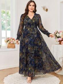 Reflora 大码优雅印花V领系腰连衣裙，秋季款 - 彩色 - 查看 13