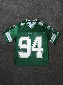 Manfinity Roghcode Men's V-Neck Letter & Number Print Casual Round Neck Short Sleeve T-Shirt, Summer - Green - View 4