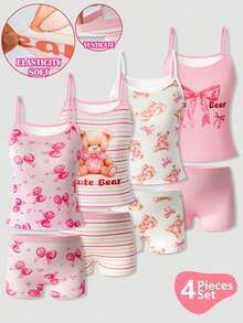 SHEIN 4件套 女童小熊蝴蝶结印花吊带背心+柔软三角内裤套装 - 彩色 - 查看 3