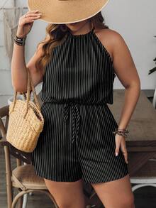 Mellowie 大码女式度假条纹系带腰部休闲吊带连体裤 女式度假套装 女式两件套 短款女式夏季服装 沙滩装 女式服装 女式连体裤 - 彩色 - 查看 1