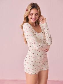 Bonmuse Women's Half-Zip Bow & Heart Print Cute Ribbed Knit Jumpsuit, Casual & Comfortable Long Sleeve - Multicolor - View 8