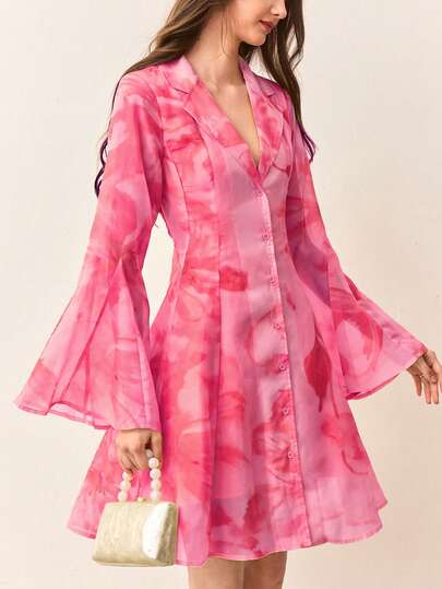 Aveloria Rosie Rosie Yellow Floral Print Chiffon Collar Patchwork A-Line Short Dress