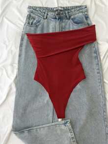 IslaSuriya Women's Elegant Metal Decor Bandeau One-Shoulder Bodysuit, Summer - Burgundy - View 2