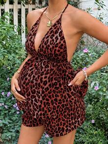 Lyckli Conjunto de 2 piezas de top halter sin espalda y shorts con estampado de leopardo para maternidad - Rojo - Ver 4