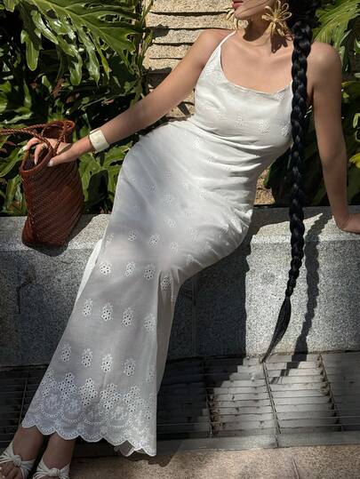 Livesso 春夏蕾丝镂空提花白色吊带连衣裙，休闲度假沙滩中长连衣裙