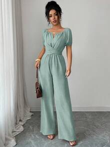 Elegant Women's Wide-Leg Jumpsuit With Round Neck, Long Sleeves, Twisted Waist And Wooden Bead Decoration In Khaki For Everyday Wear - 薄荷綠 - 查看 5